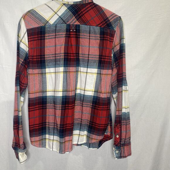 AMERICAN EAGLE Plaid Flannel Shirt Favorite Fit Long Sleeve Womens L Red Blue - Picture 3 of 11